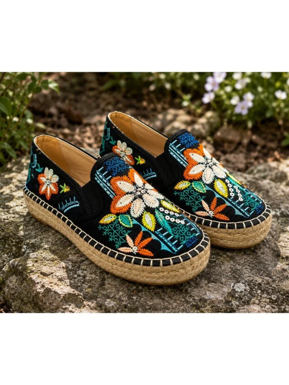 Johnny Was Elysia Black Embroidered Tiger Lily Floral Espadrilles Eu 41  10 10.5